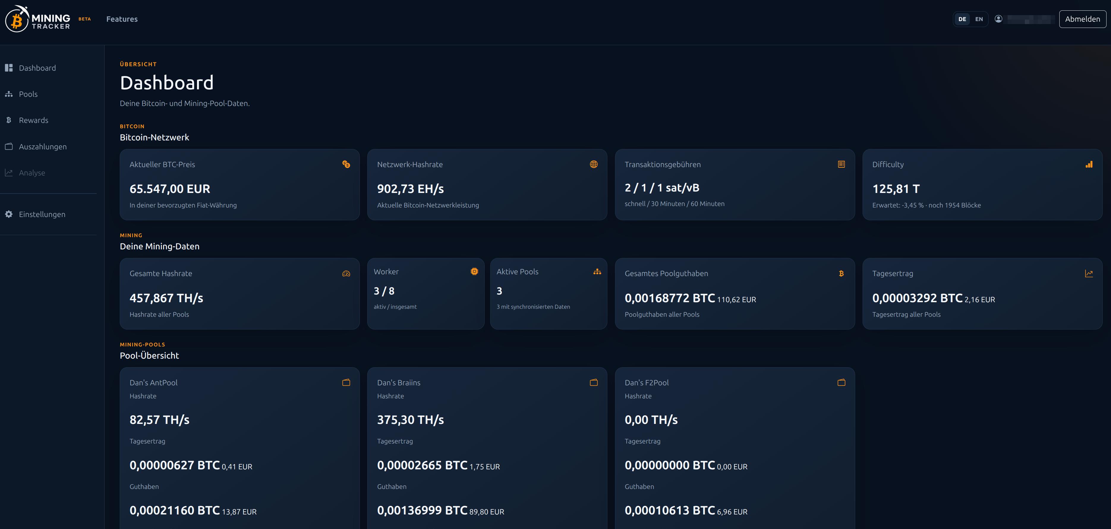 Mining Tracker Dashboard mit Bitcoin-Netzwerkdaten, Mining-Kennzahlen und Pool-Übersicht