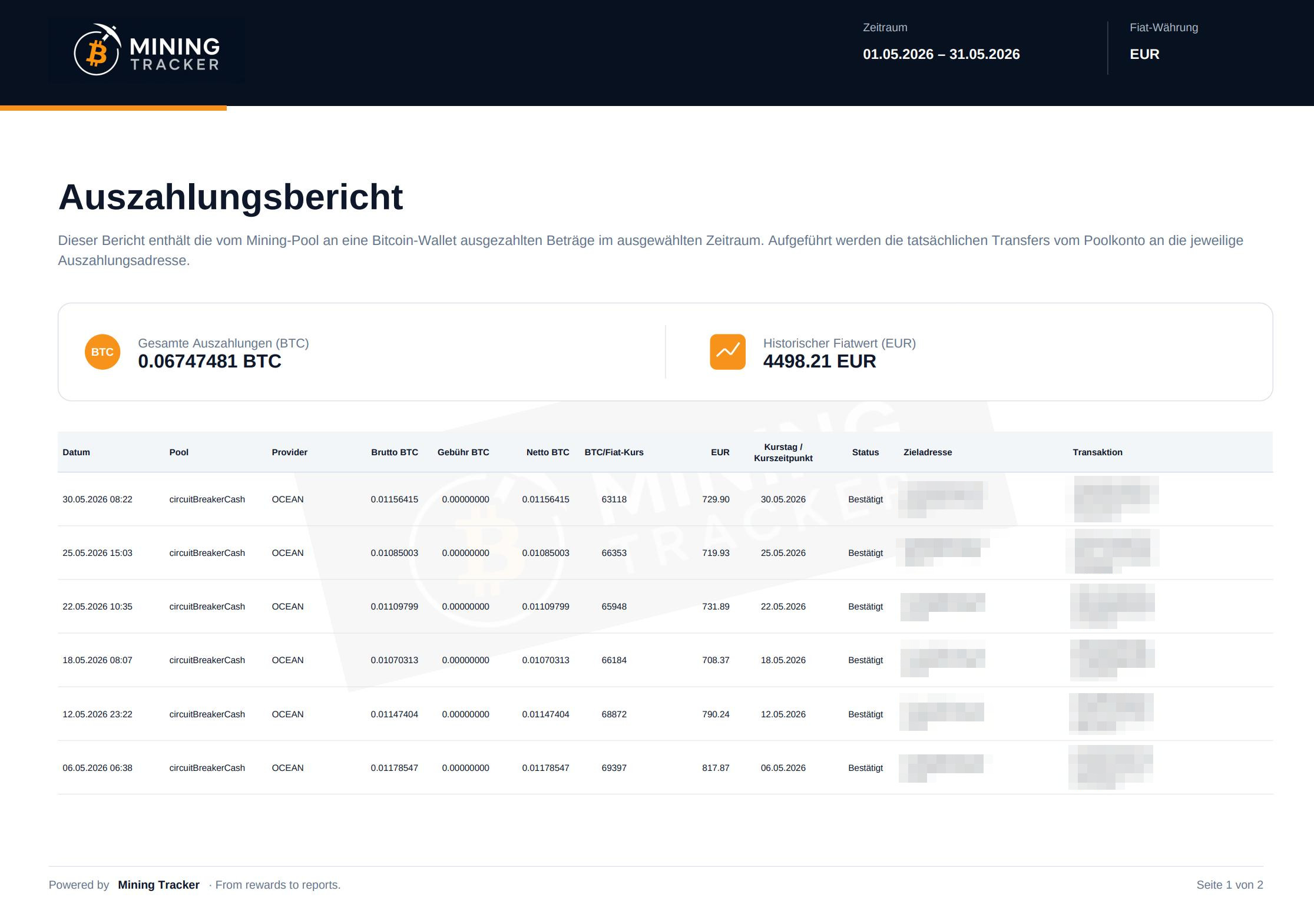 Mining Tracker PDF-Auszahlungsbericht