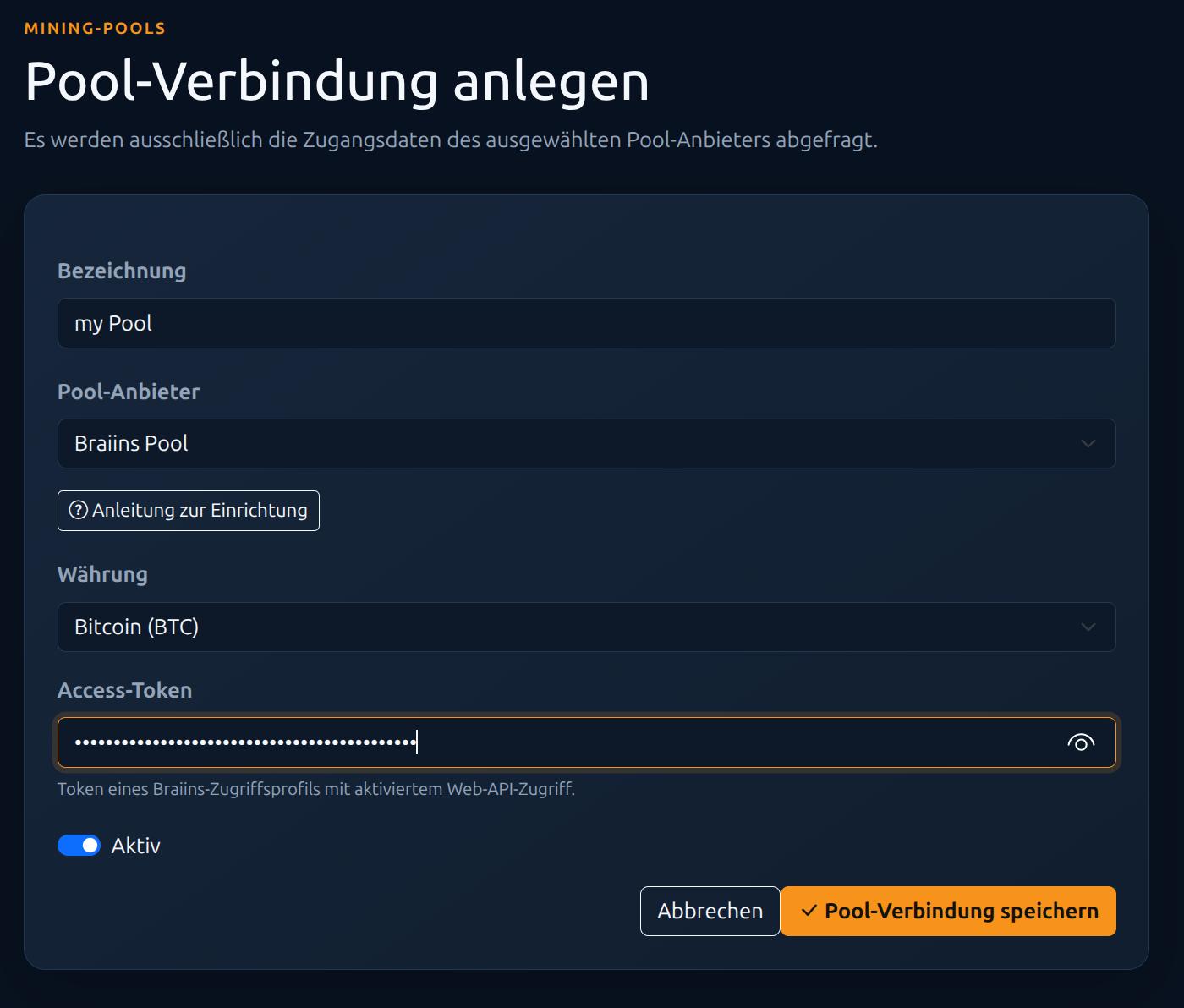 Braiins-Pool-Verbindung in Mining Tracker anlegen